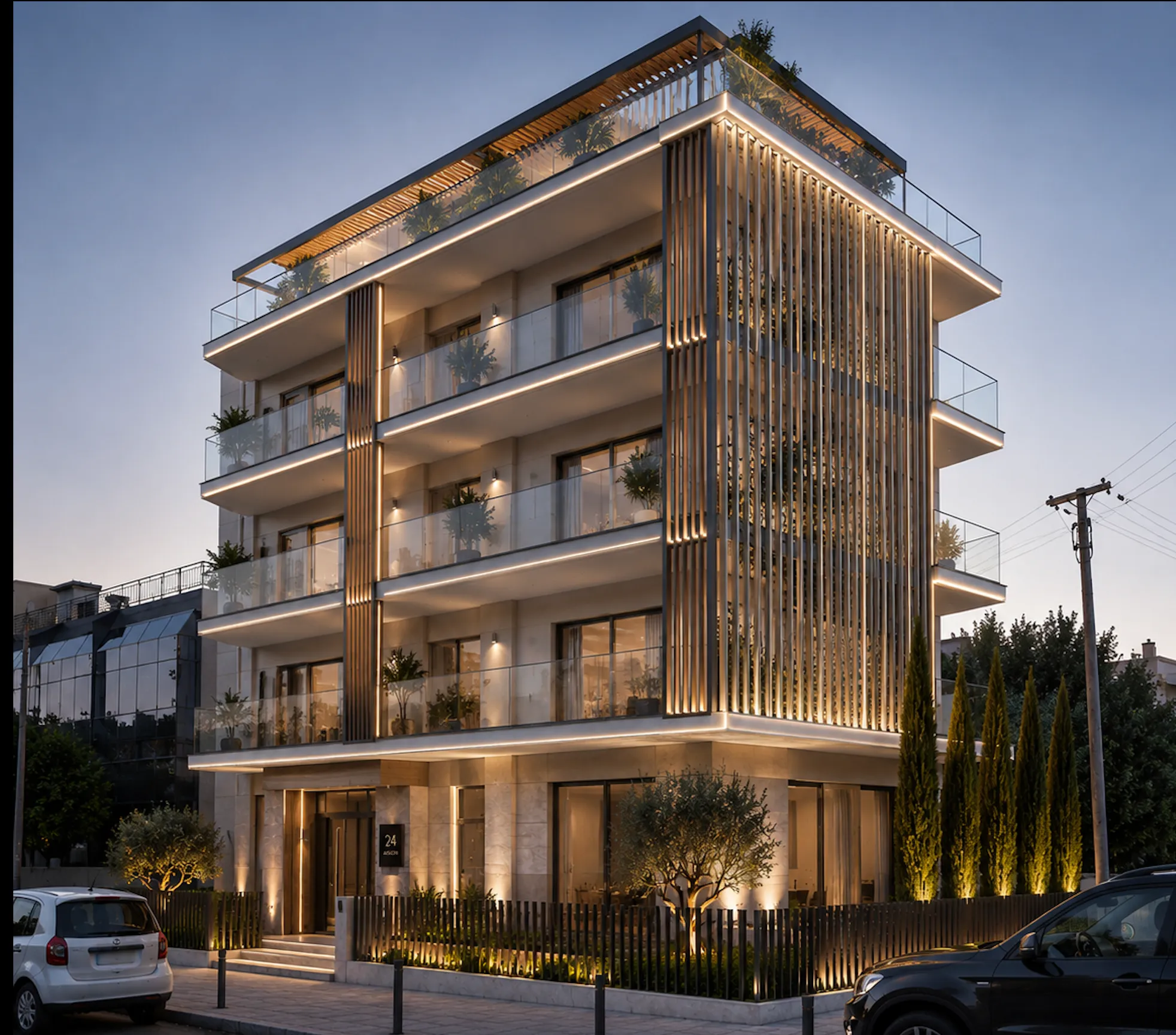 Agios Dimitrios Heights at dusk — architectural render of the building